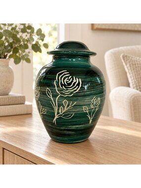 Handcrafted Ceramic Green Urn Vase with Lid Floral Design 6 Inches Tall